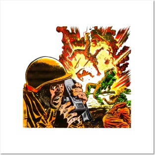 Comic Soldiers in War Radio Transmitter Bomb Explosion. Fighting Fronts. Retro Vintage Posters and Art